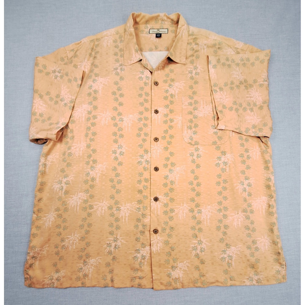 Tommy Bahama Mens XXL 100% Silk Tropical Palm Camp Shirt Peach Orange SS